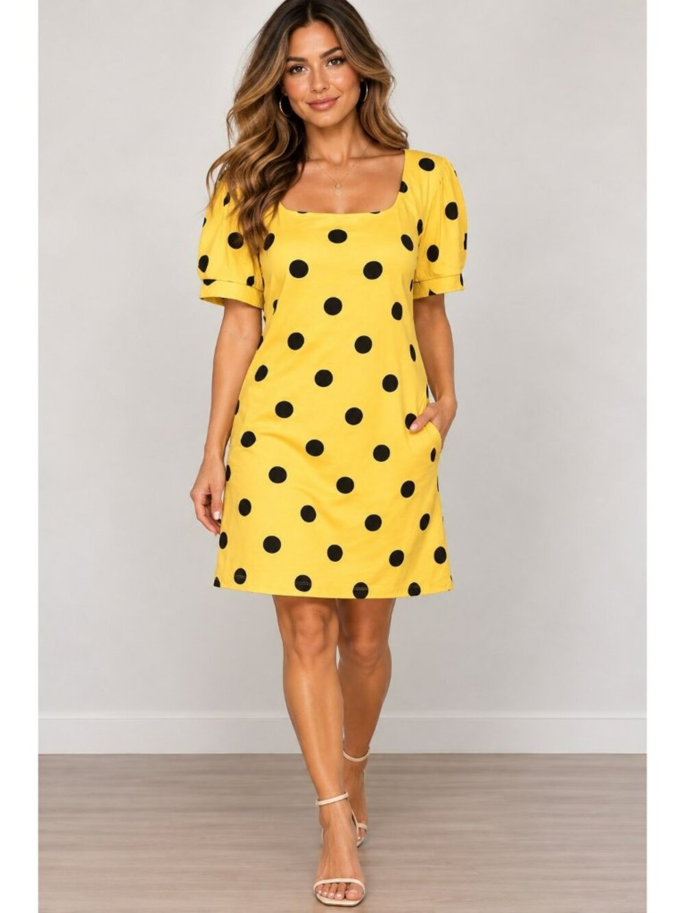 NY&C New York & Company M Yellow Black Polka Dot Mini Dress Puff Sleeve NWT